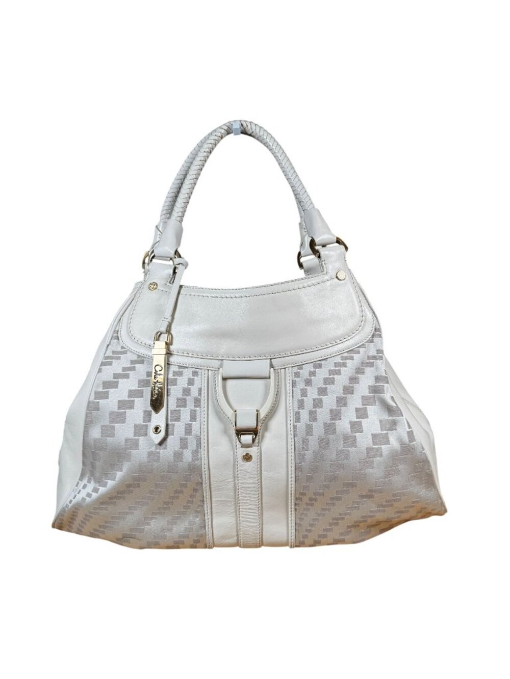 Cole Haan White Checkered Fabric and Leather Triangle Tote